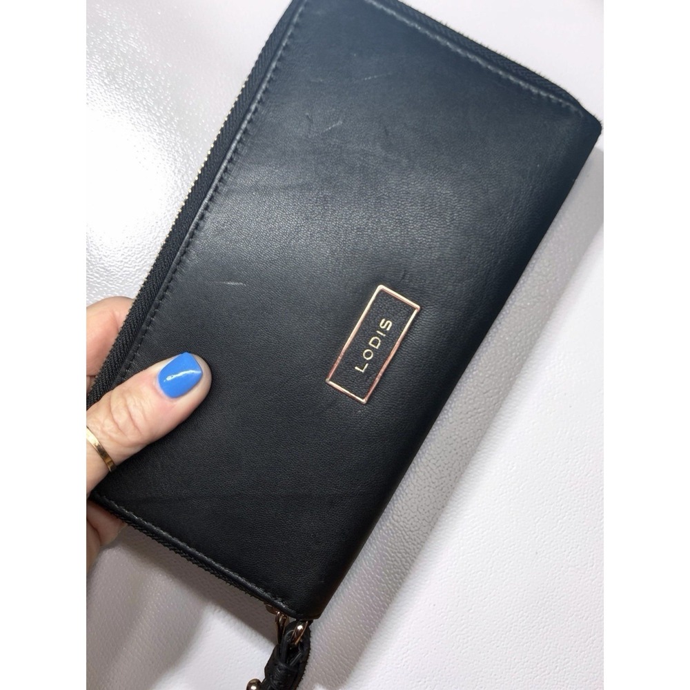 LODIS Smooth Black Leather Zip Around Clutch Wallet Leather Interior EC